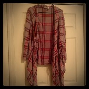 A black, red and white cardigan